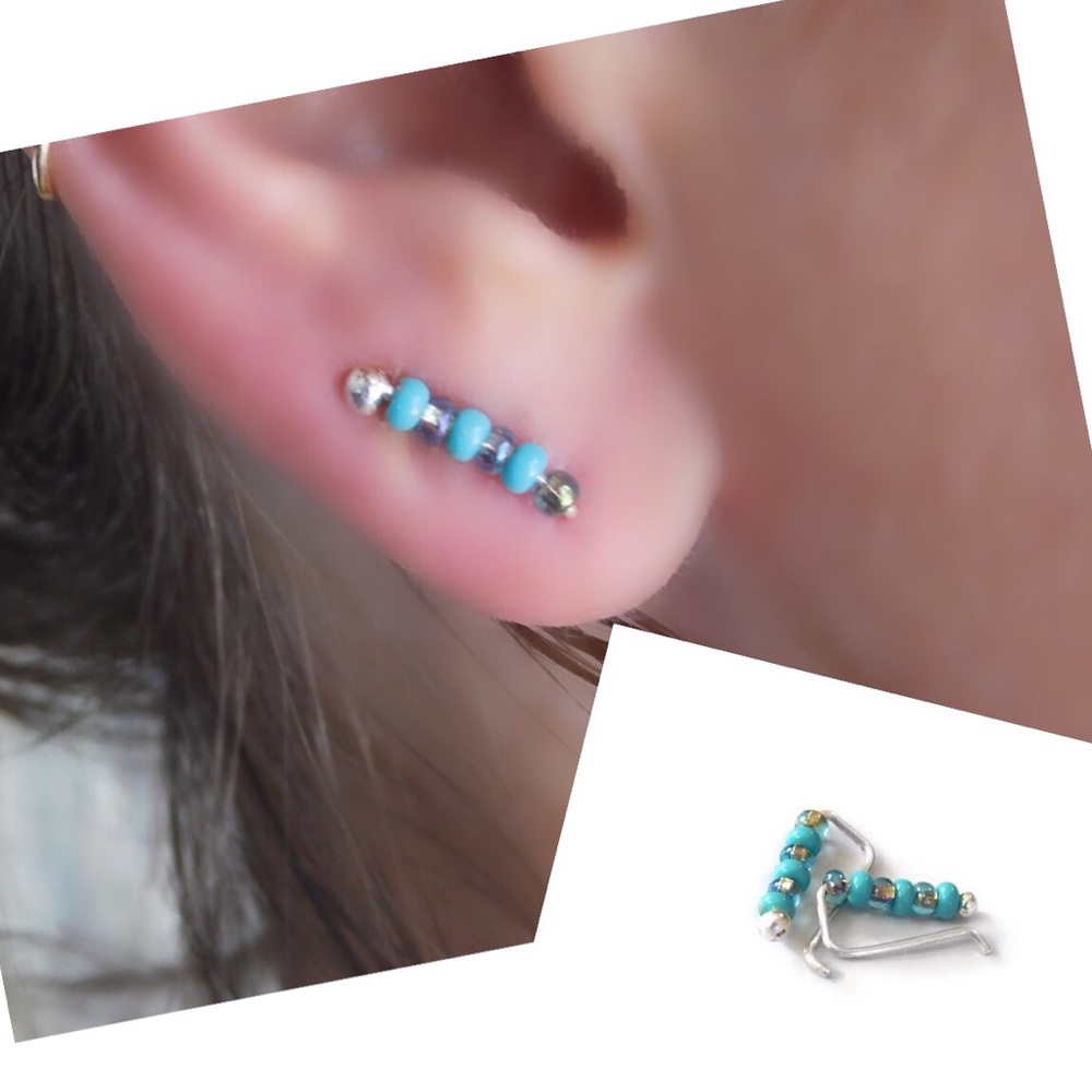 𝟯 𝗣𝗔𝗜𝗥𝗦 925 sterling silver turquoise beaded ear crawlers climber earrings